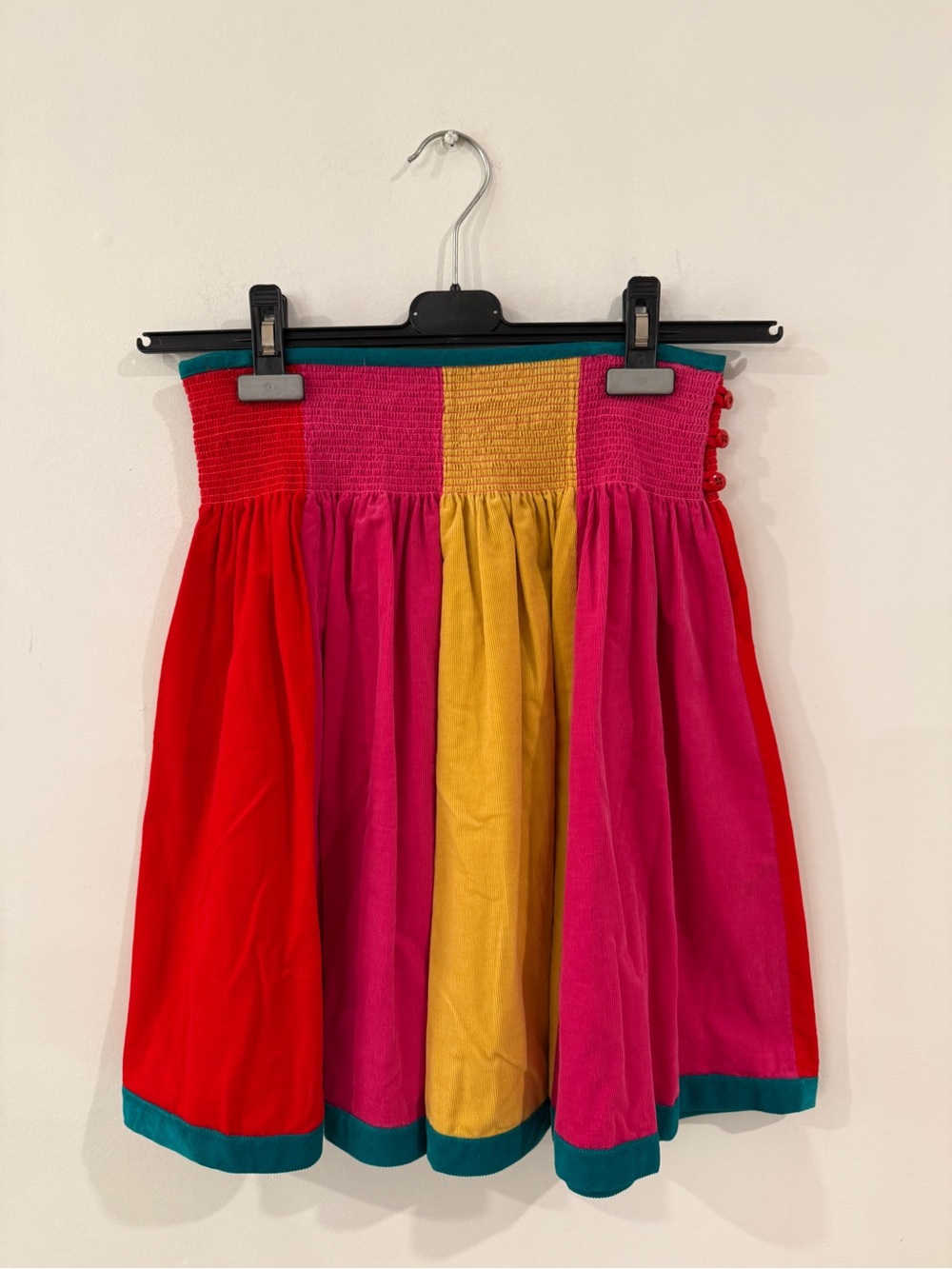 Kenzo Vintage Colorblock Red Pink Yellow Mini Skirt with Teal Trim